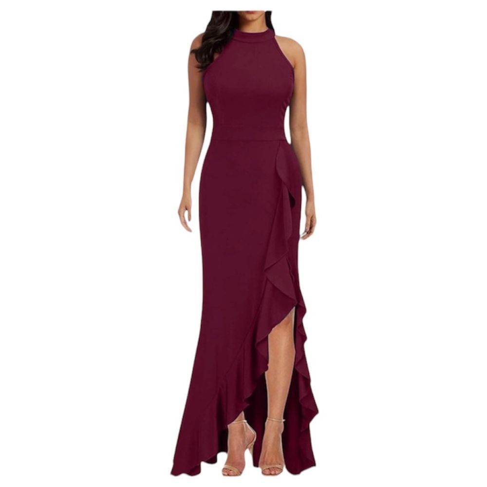 Sleeveless High-Neck Burgundy Ruffle-Trim Evening Dress